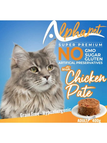 Alphapet Super Premium Πατέ Υποαλλεργική Κονσέρβα Γάτας Χωρίς Σιτηρά Γλουτένη Και Ζάχαρη 400g Κοτόπουλο