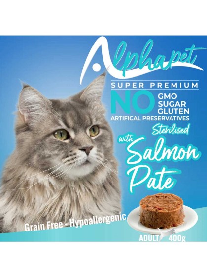 Alphapet Super Premium Πατέ Sterilised Υποαλλεργική Κονσέρβα Γάτας Χωρίς Σιτηρά Γλουτένη Και Ζάχαρη 400g Σολωμό